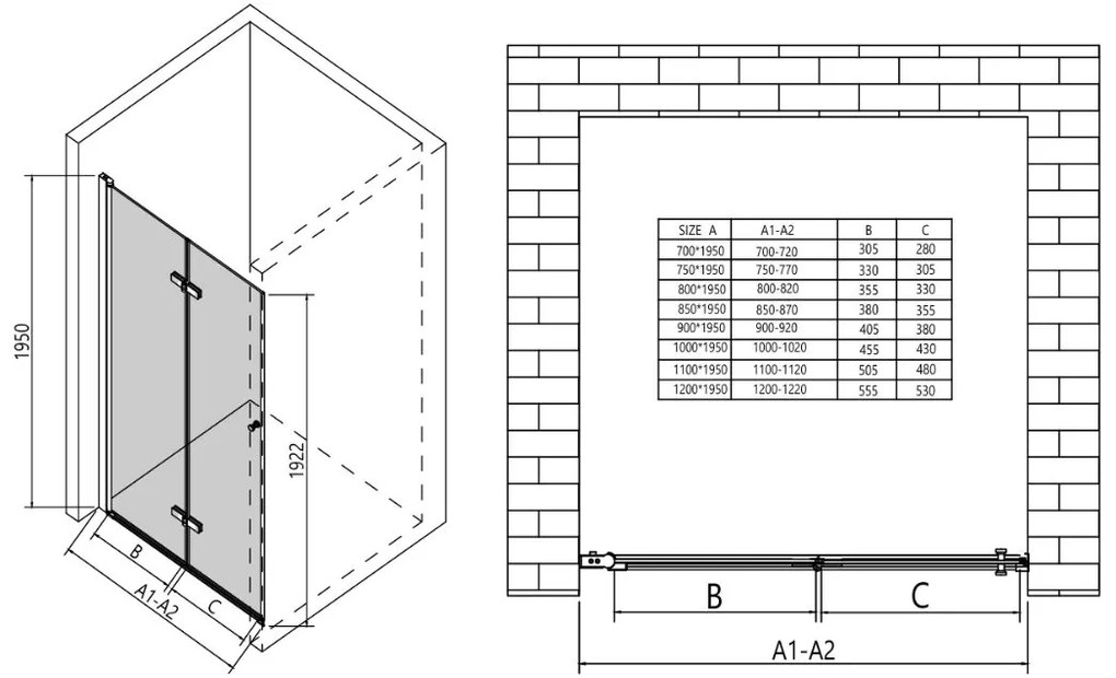 Erga Berlin, skladacie sprchové dvere do otvoru 75x195 cm, 6mm číre sklo, čierny profil, ERG-V02-BERLIN-D075-BK