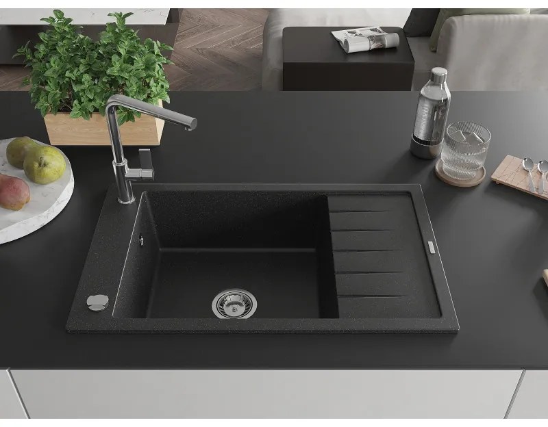 Mexen Elias, 1-komorový granitový drez 795x480x200 mm a drezová batéria Flora, čierna-strieborná metalíza, 6511-73-670401-00