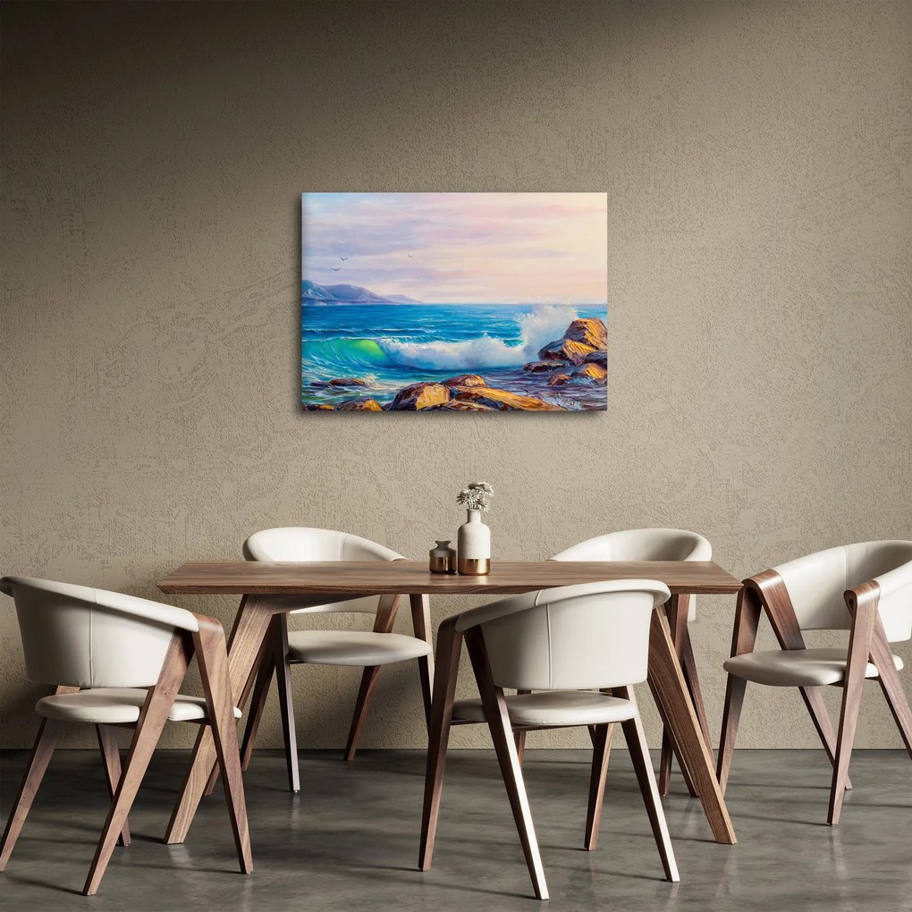 Obraz vĺn narážajúcich na útesy, olejomaľba (70x50 cm)
