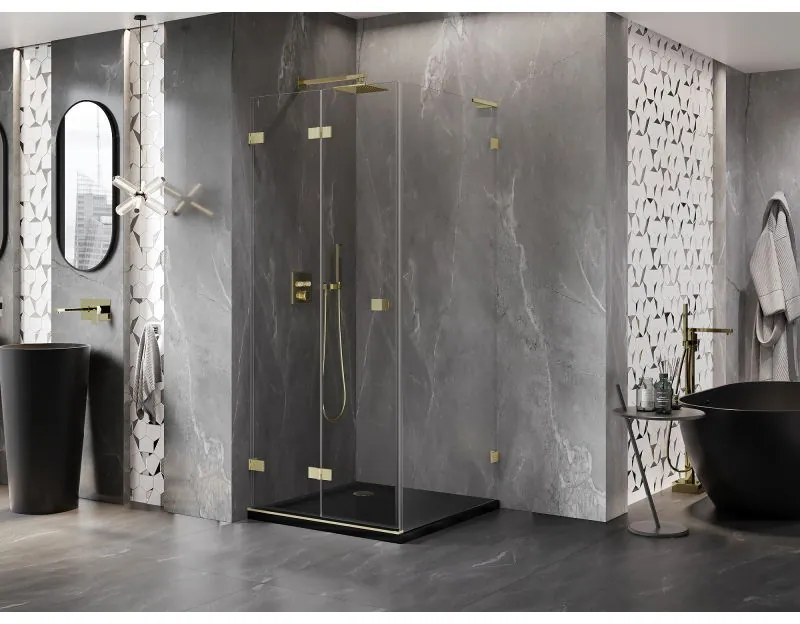 Mexen Lunar-F L, skladací sprchový kút ľavý 90 x 90 cm, 8mm číre sklo, zlatý matný profil, 836L-090-090-55-00-L