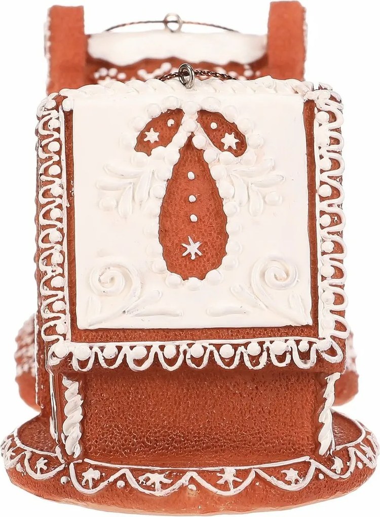 Vianočná dekorácia perníkový domček so zasneženou strechou, závesný, polyresin, LED