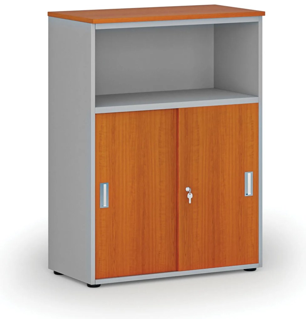Kombinovaná kancelárska skriňa so zásuvnými dverami PRIMO GRAY, 800 x 420 x 1087 mm, sivá/čerešňa