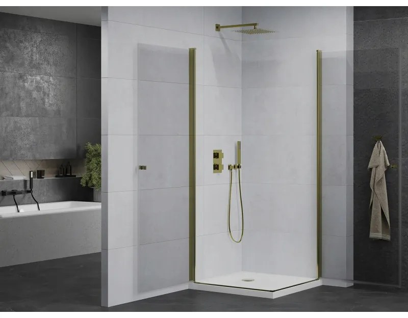 Mexen Pretoria Duo, sprchovací kút s 2-krídlovými dverami 70 (dvere) x 70 (dvere) cm, 6mm číre sklo, zlatý profil + slim sprchová vanička 5cm biela so zlatým sifónom, 852-070-070-50-02-4010G
