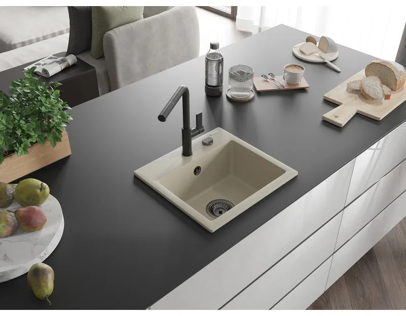 Mexen Milo, 1-komorový granitový drez 435x410x171 mm a drezová batéria Flora, béžová, 6505-69-670401-70-B