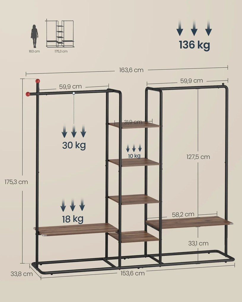 Otevřená šatní skříň Horna 153,6 cm černá/hnědá