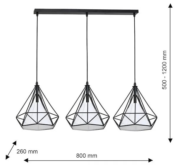 Závesné svietidlo Triangolo, 3x textilné/čierne drôtené tienidlo, b