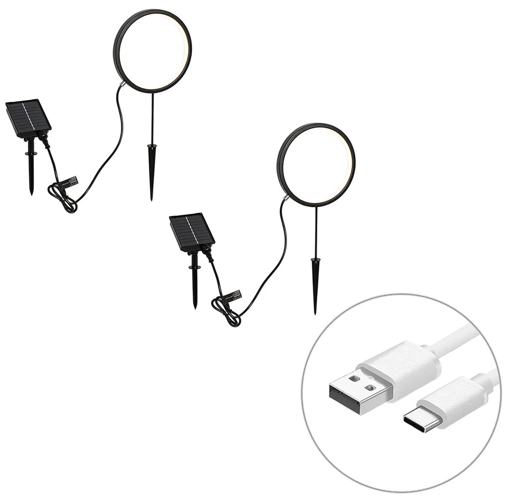 Sada 2 čiernych bodových svetiel 50 cm vrátane nabíjateľného LED a solárneho IP65 - Adalind