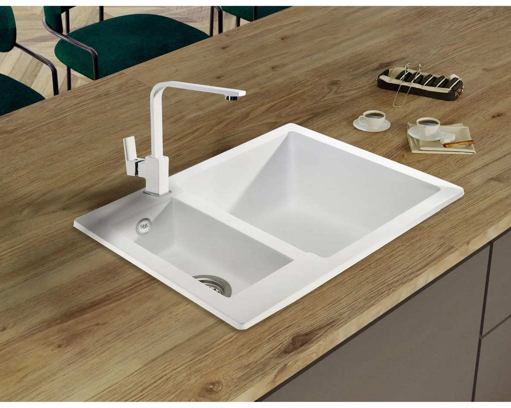 Sink Quality Ferrum, kuchynský granitový drez 605x495x210 mm + zlatý sifón, biela, SKQ-FER.W.5KBO.XG