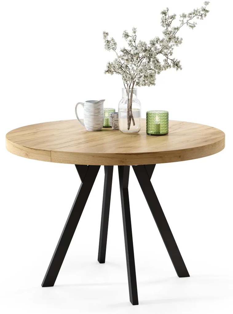 EXPANSO Dub Craft Zlatý / čierne nohy - VEĽKÝ OKRÚHLY STÔL Ø110 ROZKLADACÍ AŽ DO 310 cm S NOHAMI Y LOFTOVÝ / INDUSTRIÁLNY