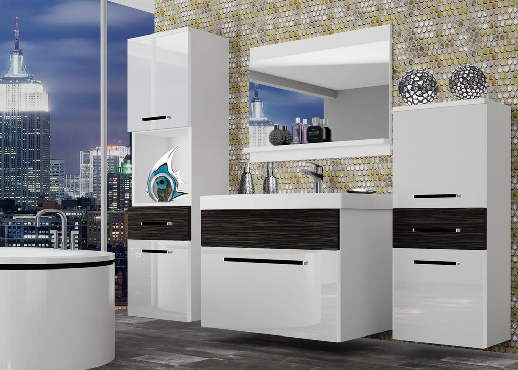 Kúpeľňový nábytok Belini biely lesk / eben kráľovský + umývadlo + zrkadlo ROD PM 5/0/W/WHK/0/ZW