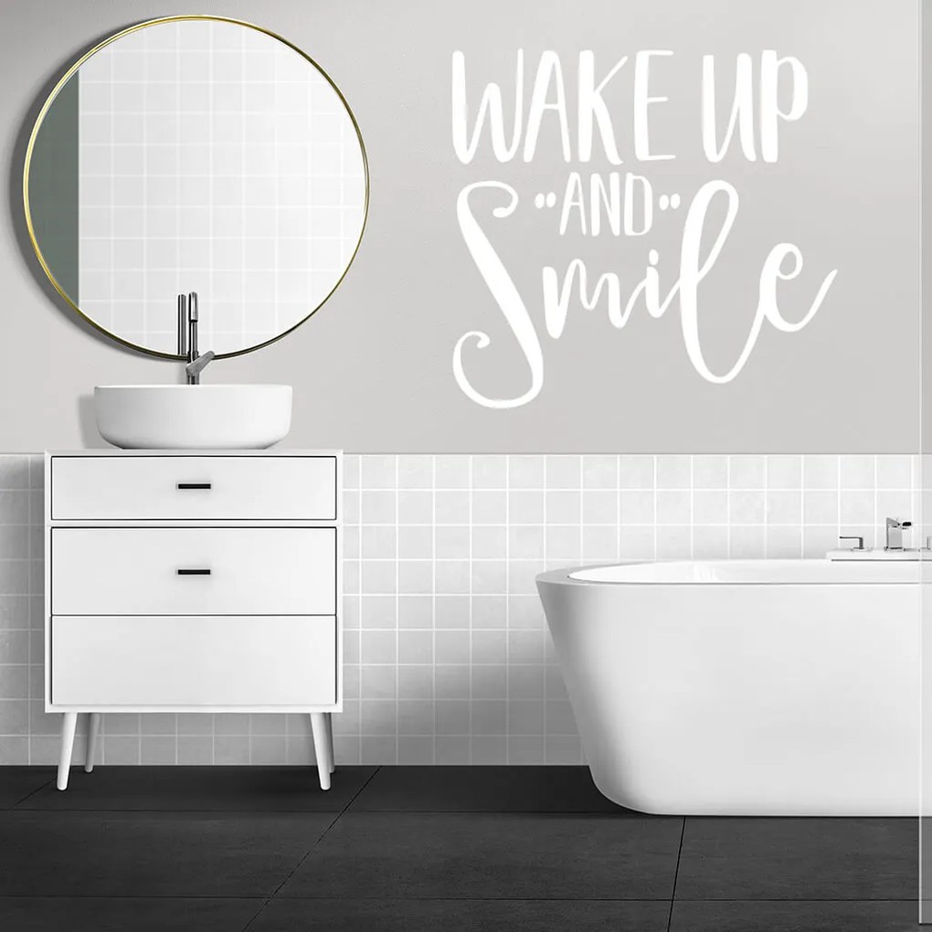 Veselá Stena Samolepka Nápis Wake up and Smile Farba: oranžová, Veľkosť: 40 x 37 cm