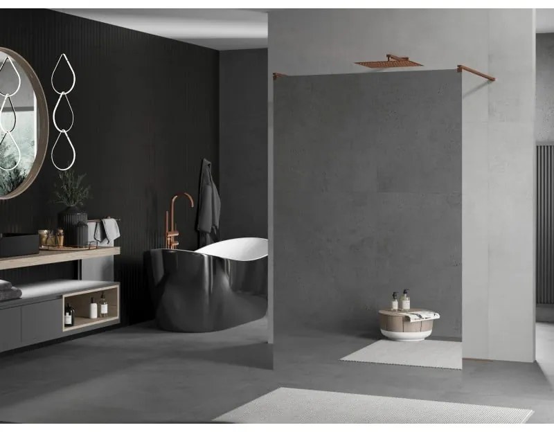 Mexen Kioto, priechodná sprchová zástena 110 x 200 cm, 8mm sklo s efektom zrkadla, 2x zlatá stabilizačná rozpera, profil ružové zlato, 800-110-002-60-50