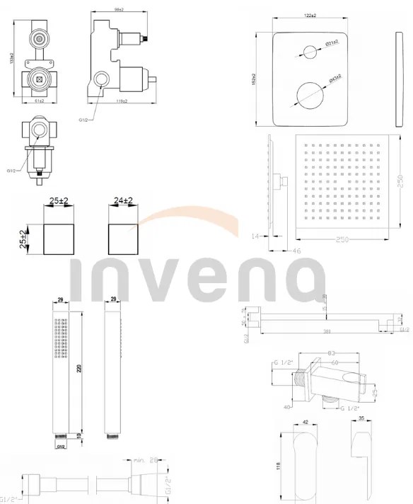 Invena Siros, podomietková sprchová sada s 2-výstupovým telesom, čierna matná, INV-BS-90-010-A