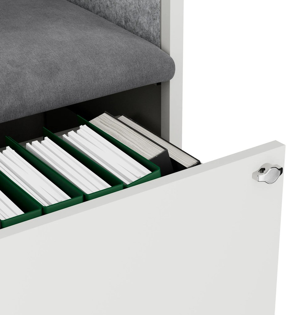 Kancelárska akustická kabína so sedadlom a portom USB-C, telo v biely / sedák sivá v zelenej farbe, 1150 mm: SALLY MentalBox