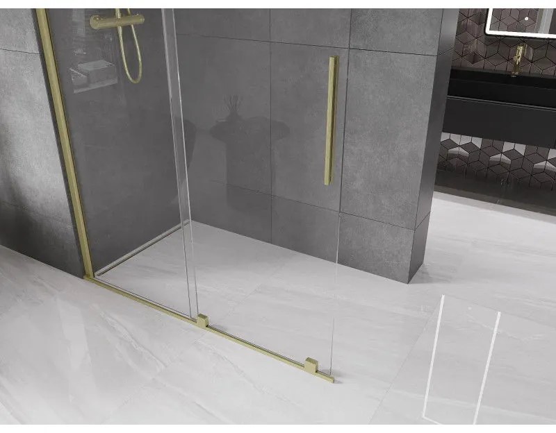 Mexen Velar, posuvné dvere do otvoru typ Walk-In 130 cm, 8mm číre sklo, zlatá matná, 871-130-000-03-55