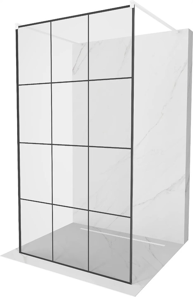 Mexen Kioto, priechodná sprchová zástena 110 x 200 cm, 8mm sklo číre/čierny vzor, 2x biela stabilizačná rozpera, 800-110-002-20-77