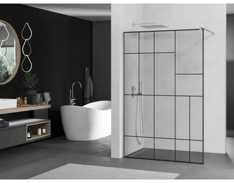 Mexen Kioto, sprchová zástena Walk-In 70 x 200 cm, 8mm číre sklo čierny vzor, brúsená oceľ profil, 800-070-101-97-78