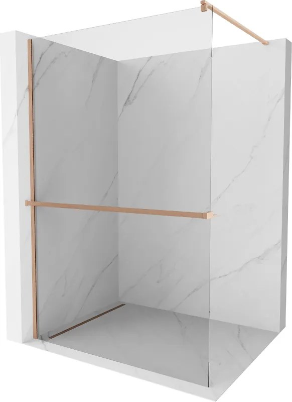 Mexen Kioto+, sprchová zástena Walk-In s poličkou a vešiakom 85 x 200 cm, 8mm číre sklo, medený matný profil, 800-085-121-65-00