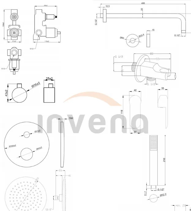 Invena Siros, podomietková sprchová sada s 2-výstupovým telesom, čierna matná, INV-BS-90-012-A