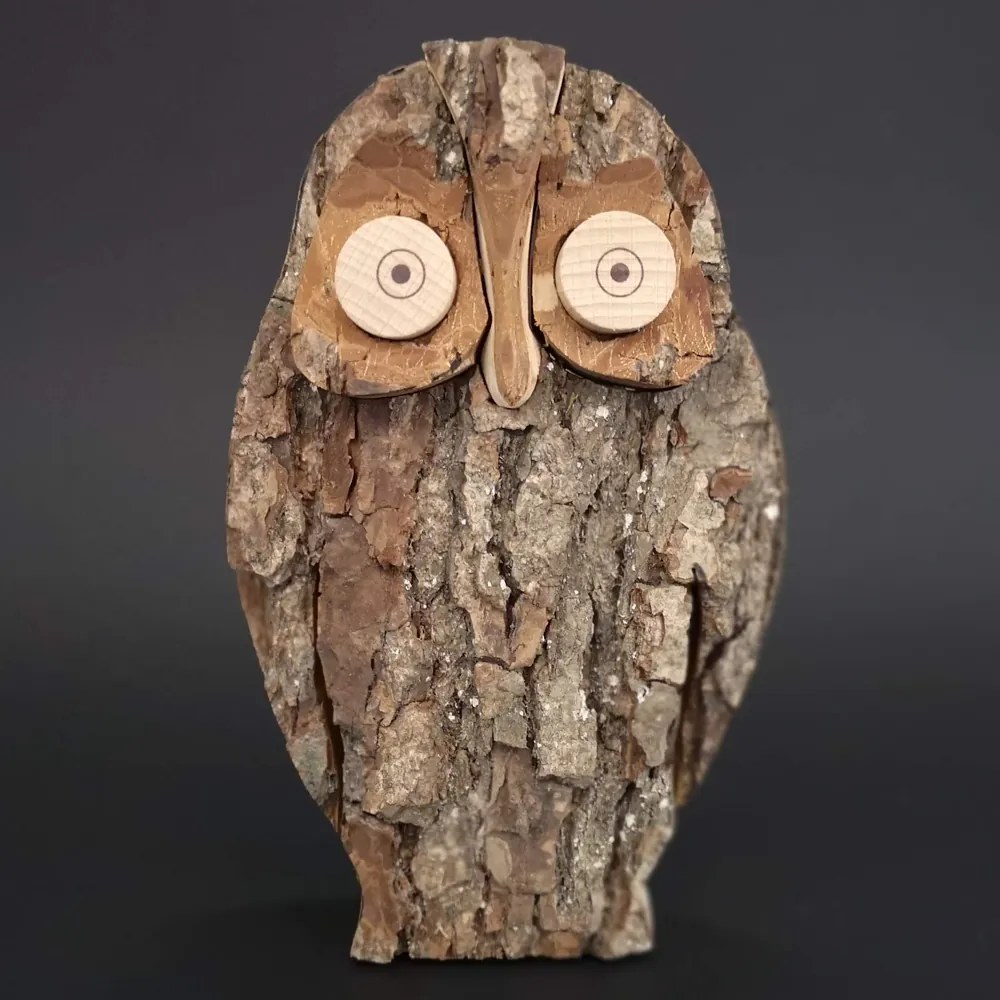 AMADEA Drevená sova s kôrou, masívne drevo, výška 16 cm