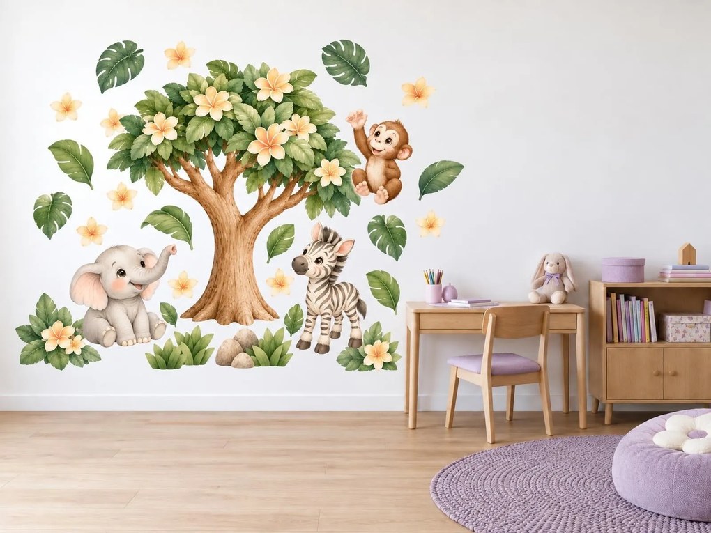Safari pod kvitnúcim stromom detské nálepky s tropickým stromom na stenu hárok 23 x 46 cm