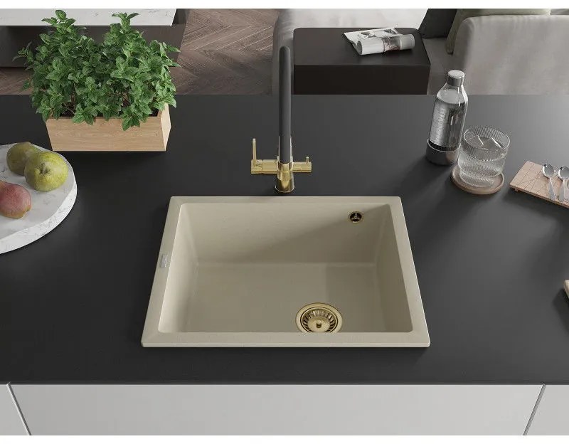 Mexen Pedro, granitový drez 560x460x200 mm, 1-komorový, béžová so zlatým sifónom, 6508561000-69-G