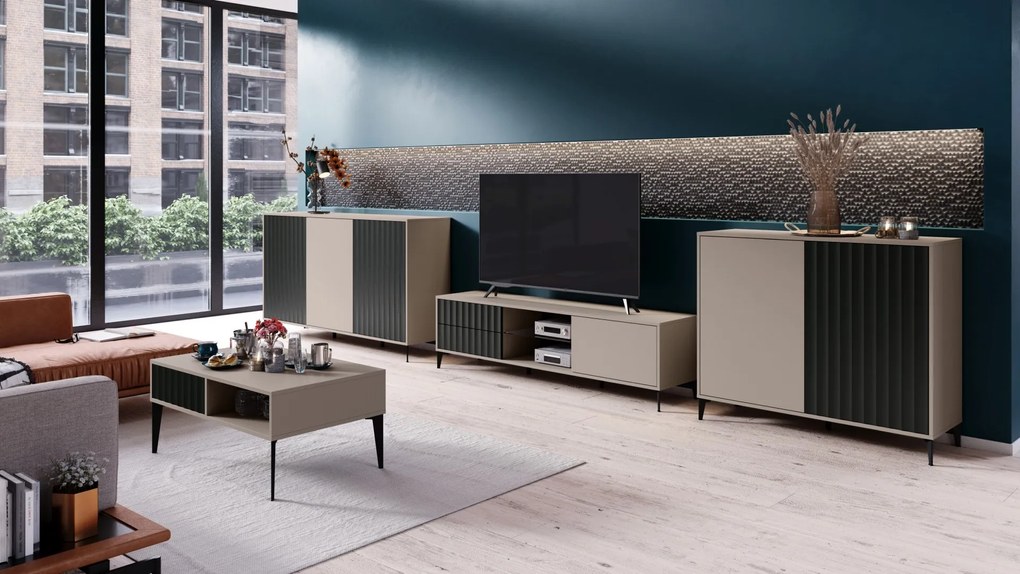 Komoda Rimini K-242 Béžová Taupe / Čierna matná - MODERNÁ SKRIŇA S DRÁŽKOVANÝMI ČELAMI