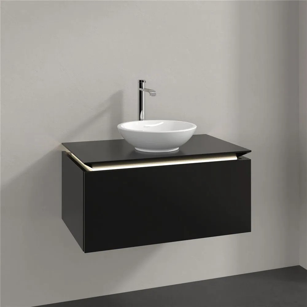 VILLEROY &amp; BOCH Legato závesná skrinka pod umývadlo na dosku (umývadlo v strede), 1 zásuvka, s LED osvetlením, 800 x 500 x 380 mm, Black Matt Lacquer, B569L0PD