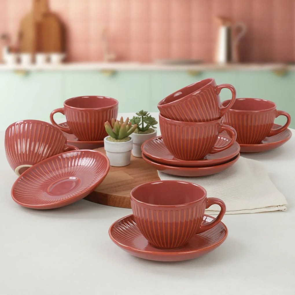 Súprava 6 keramických šálok s podšálkami Linea 210 ml, oranžová