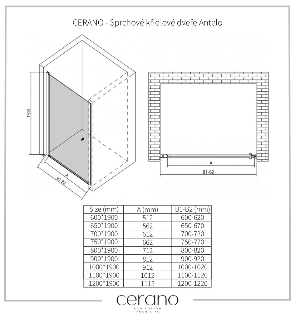 CERANO - Sprchové krídlové dvere Antelo L/P - čierna matná, transparentné sklo - 120x190 cm, CER-CER-481756