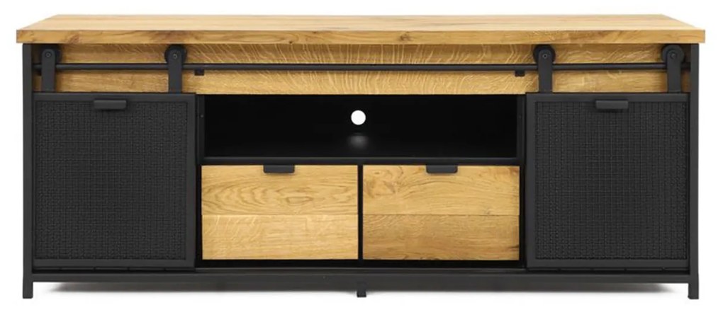 Čierna kovová TV skrinka s dvierkami na koľajnici a 2 drevenými zásuvkami, 150x40x60 cm
