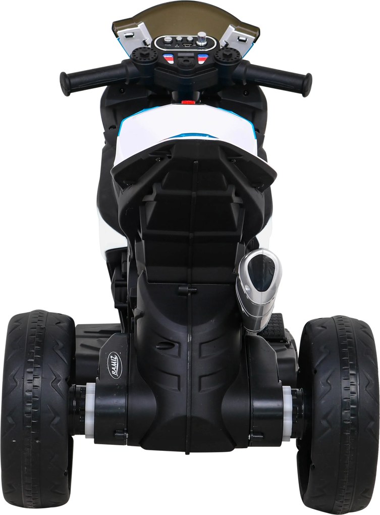 Ramiz BMW HP4 Detský motocykel na batérie biely + 3 kolieska + LED + MP3 USB + ekokoža