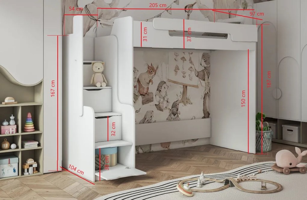 Detská vyvýšená posteľ DORIAN - 200x90 cm - biela