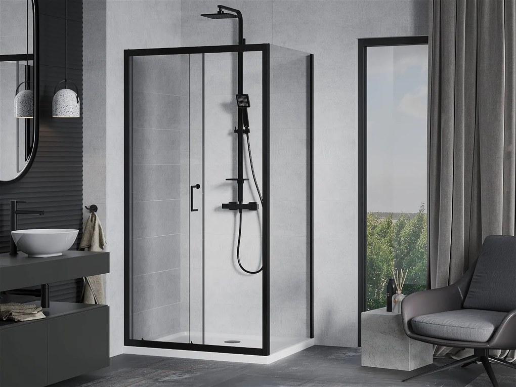 Mexen Apia sprchovací kút s posuvnými dverami 110 (dvere) x 90 (stena) cm, 5mm číre sklo, čierny profil + biela sprchová vanička SLIM, 840-110-090-70-00-4010B