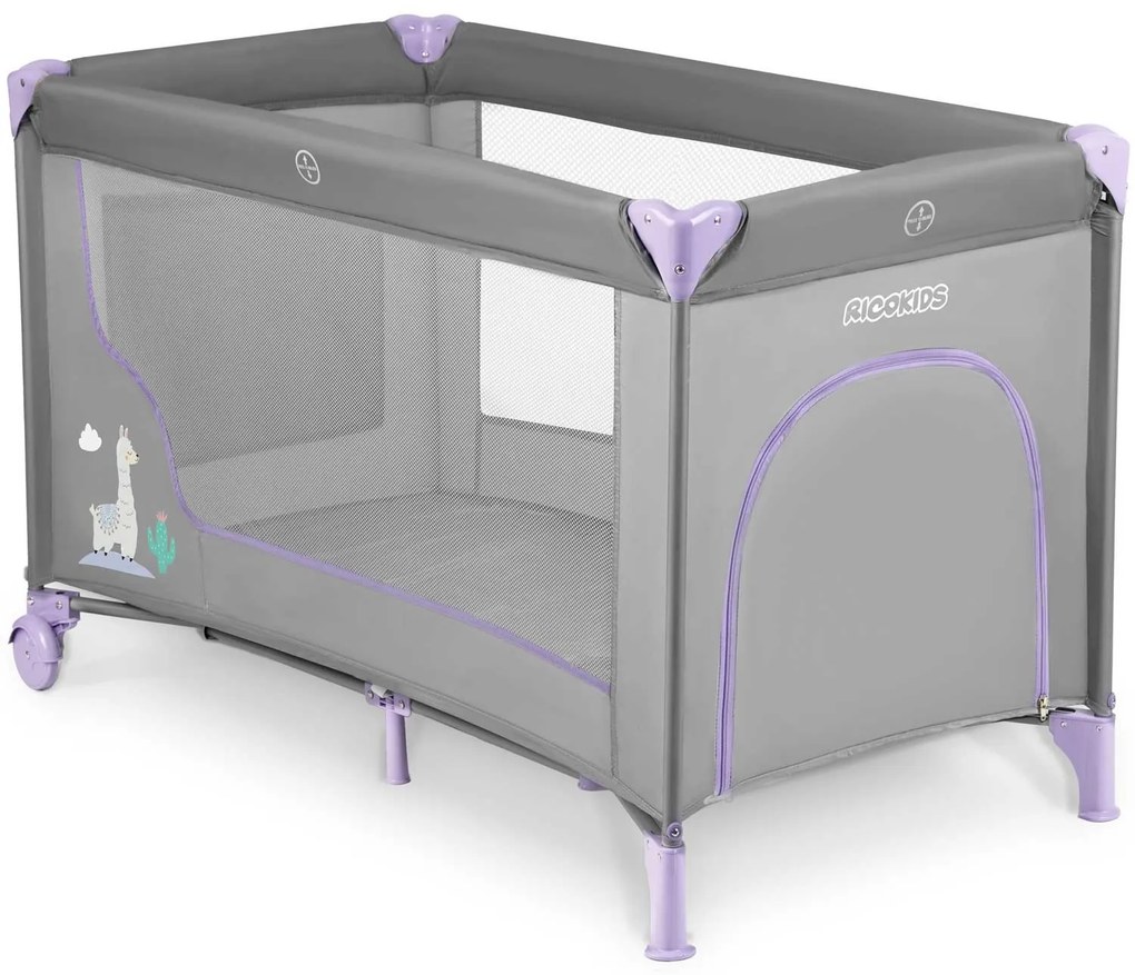 Ricokids Cestovná postieľka + matrac + taška 125 x 65 x 78 cm RK-240 sivá levanduľová