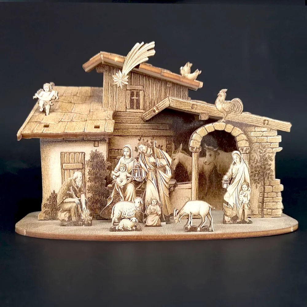 AMADEA Drevený skladací betlehem sépiový 3D 12 cm