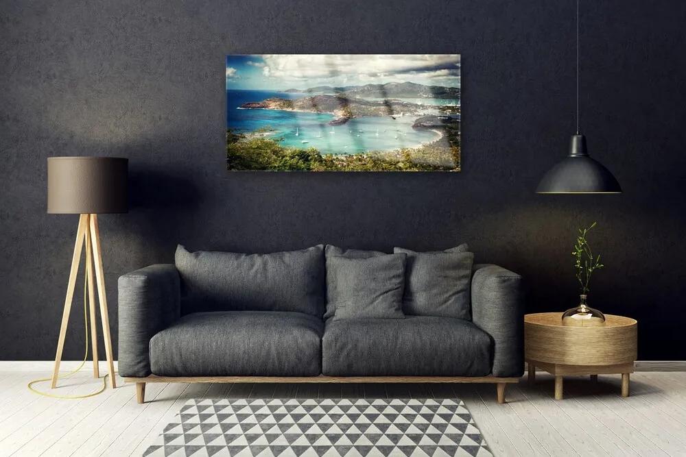 Skleneny obraz Záliv loďky krajina 125x50 cm