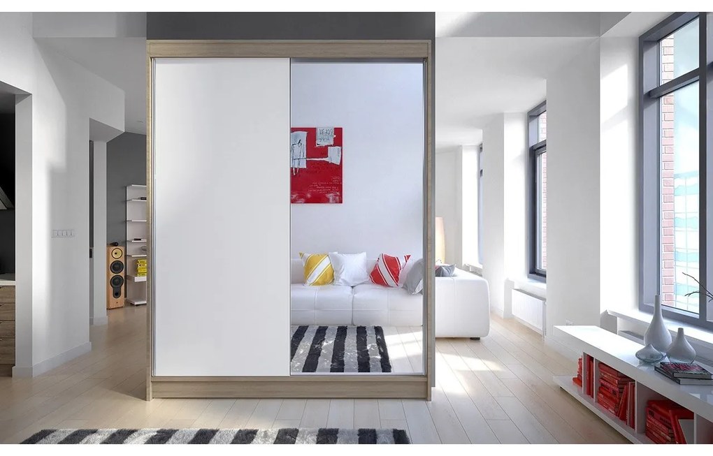 Skriňa s posuvnými dverami Belgia I, Farby: sonoma / sonoma + zrkadlo, Osvetlenie: osvetlenie LED RGB - farebné