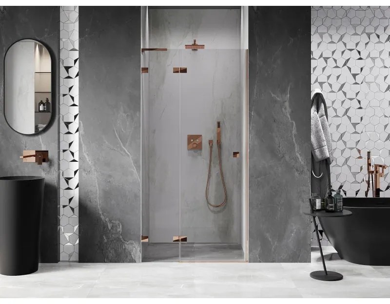 Mexen Lunar L, Otočné ľavé sprchové dvere 80 cm, 8mm číre sklo, ružové zlato profil, 834L-080-000-60-00-L