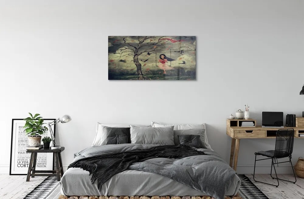 Sklenený obraz Strom vtáky mraky dievča rocková 140x70 cm