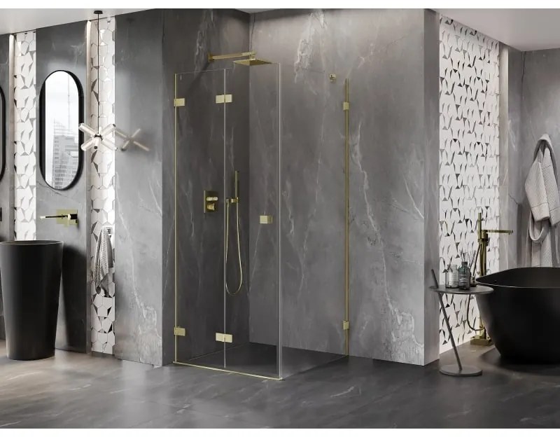 Mexen Lunar-F, 1-krídlový sprchový kút so skladacími dverami, ľavý, 80 x 80 cm, 8mm číre sklo, zlatý matný profil, 836-080-080-55-00-L