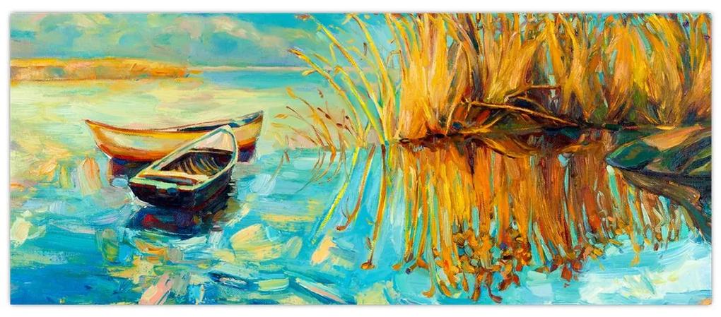 Obraz - Jazero s loďkami (120x50 cm)