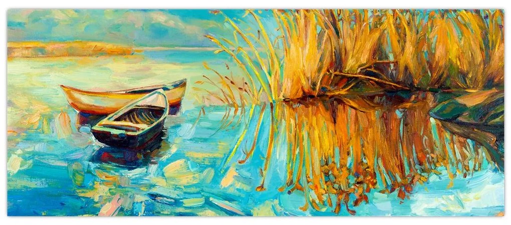 Obraz - Jazero s loďkami (120x50 cm)