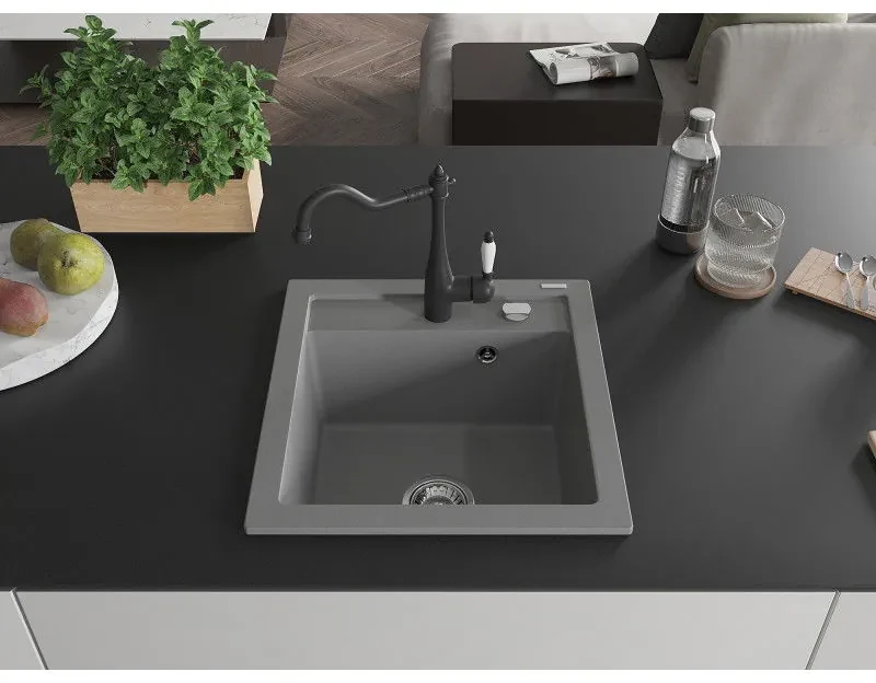 Mexen Vito, granitový drez 490x520x210 mm, 1-komorový a drezová batéria Carla, šedá, 6503-71-670700-70