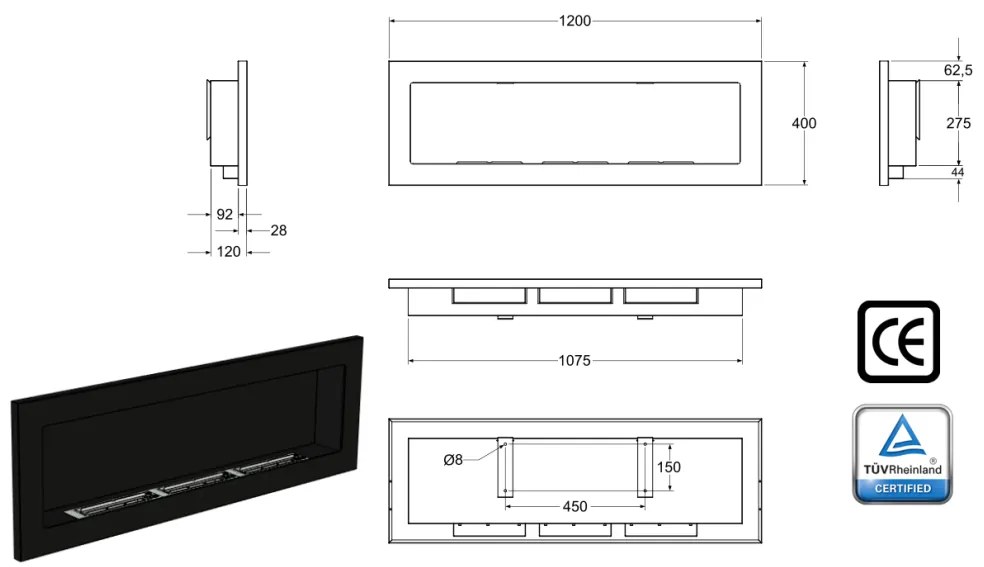 Závesný biokrb na stenu GRAND ČIERNY MAT SO SKLOM 120x40x12