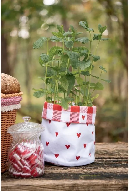 Bielo-červený károvaný košík na pečivo so srdiečkami Love It - Ø 15*16 cm