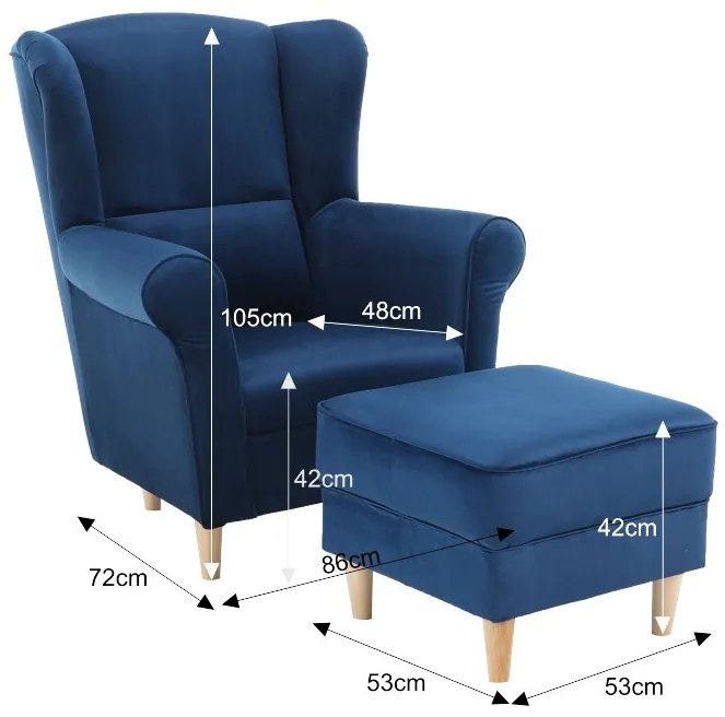 Kondela Kreslo, ušiak s taburetom, modrá látka, ASTRID