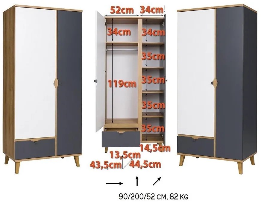 Šatníková skriňa Mimone SZ2D1SZ (dub zlatý + biela matná + grafit). Akcia -18%. Vlastná spoľahlivá doprava až k Vám domov. 1051782