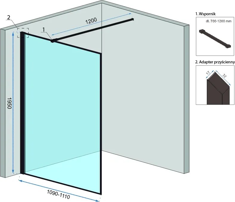 Bezrámová sprchová zástena REA BLER 110 cm, čierna/transparent - bez vaničky