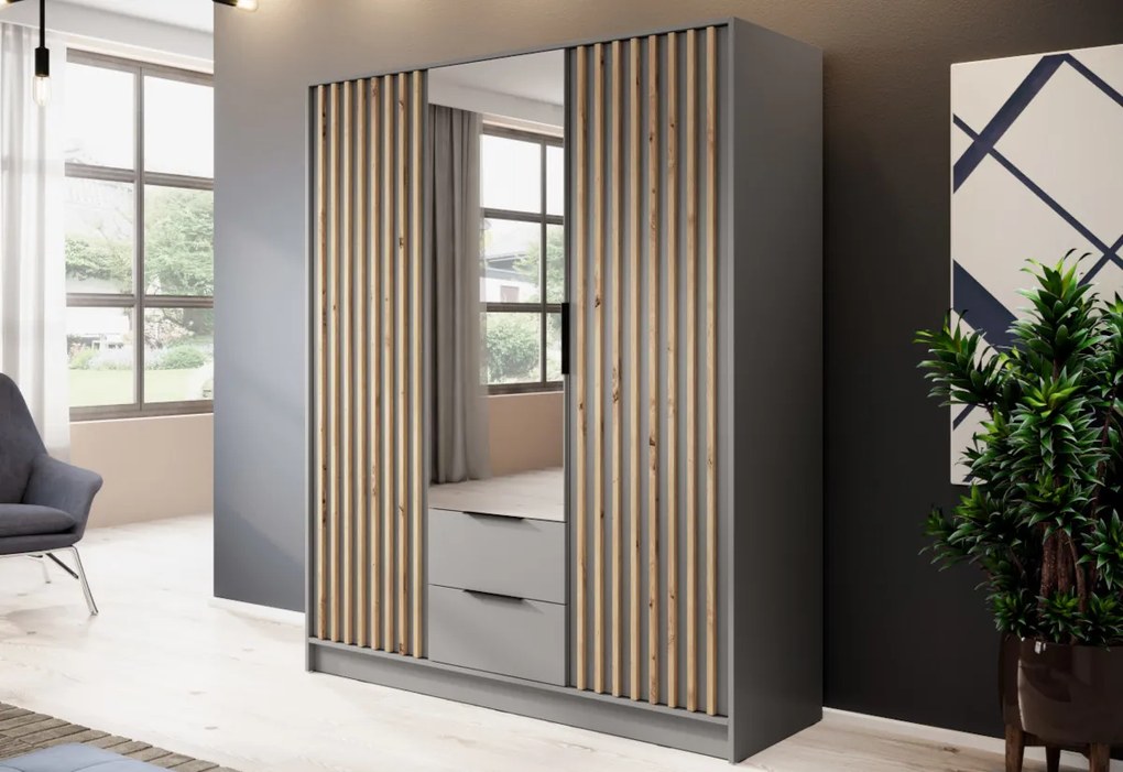 Šatníková skriňa so zrkadlom BELANDA 2D, 105x200x51, dub artisan/čierna